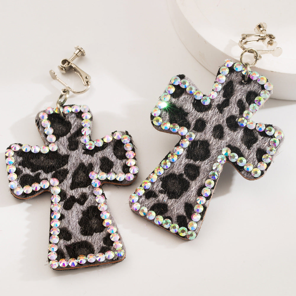 Wholesale Hot Girl Leopard Print Cross Exaggerated Adjustable Earrings